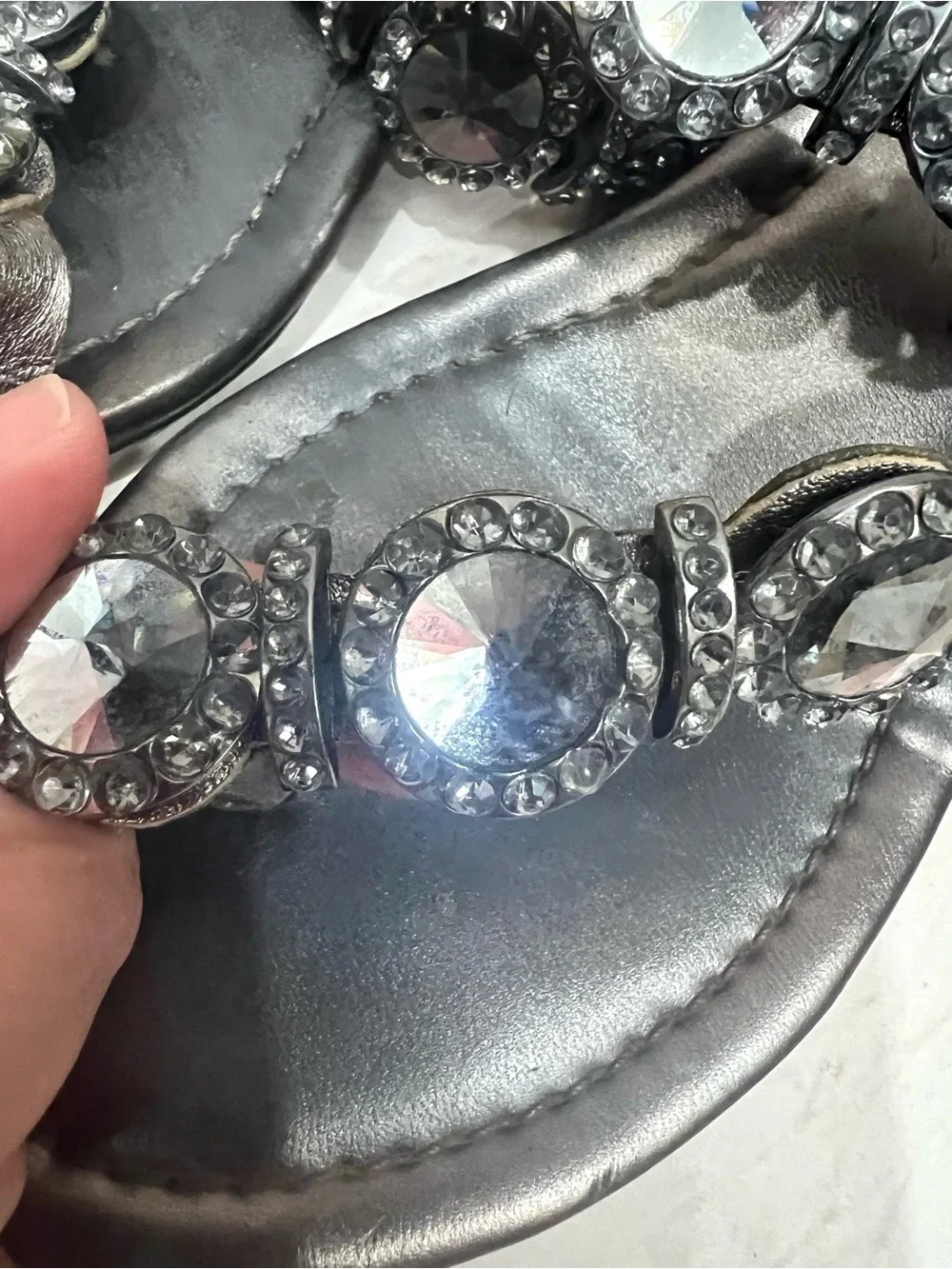 Vince Camuto Metallic Leather Imanal Rhinestone Jeweled Kitten Wedge Sandals